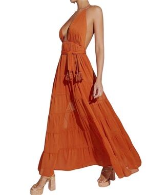 Halter Maxi Dress, XS, backless tiered, fringe belt Summer Showstopper Sexy